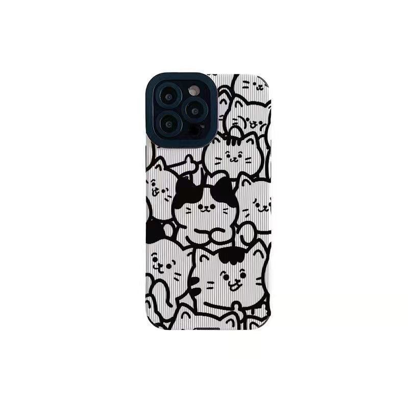 【Lamb Skin】Vertical Grain Soft Case for IPhone 6S 7 Plus 8 Plus X XS XR XS Max 11 13 12 14 PRO Max 14 Plus 13 12 Mini Cute Black and White Line Cat Cartoon