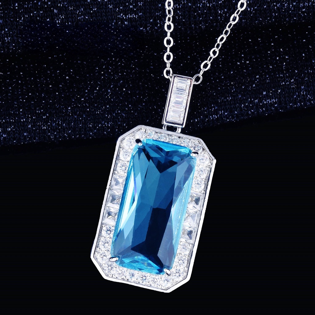 Goldkingdom Fashion Perhiasan Aksesoris Ready Stock Emerald-cut Imitasi Aquamarine Liontin Perhiasan Bermutu Tinggi Santa Maria Topa Aquamarine Kalung.