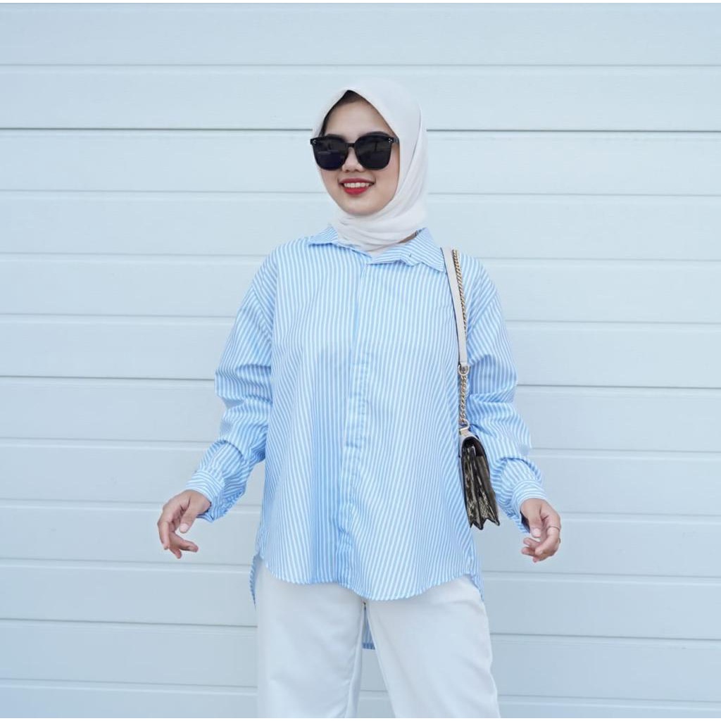 Tq88indonesia Baju Kemeja Salur Wanita Terbaru / SHERIL STRIPE OVERSIZE SHIRT / Kem Lengan Panjang Kekinian / Ootd