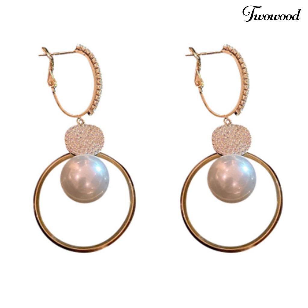 Twowood 1pasang Anting Hoop Kepribadian Geometris Hias Berlian Imitasi Gaya Korea Manis Faux Pearl Stud Earring Perhiasan Aksesori