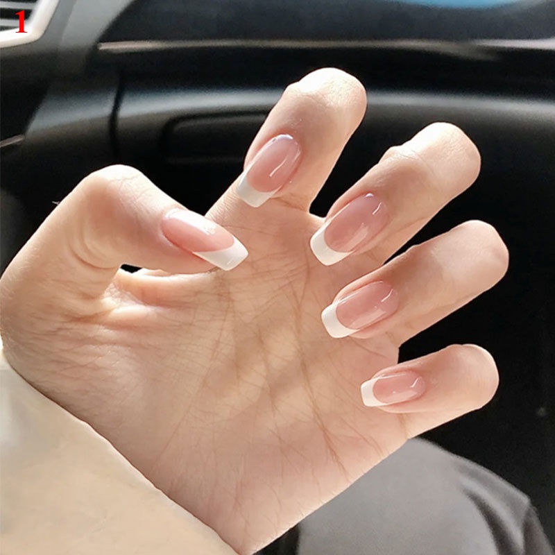 Profesional Kuku Palsu Dilepas/Warna Nude Half French Acrylic Nail Tips/Press on Nails Full Cover Manicure Dengan Lem