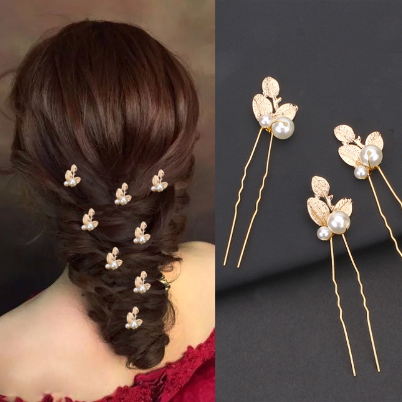 Rambut Wanita Hias Bulang Pengantin Emas Daun Jepit Rambut Fashion Prom Alloy Hair Pin Gaya Eropa Berbentuk U Mutiara Rambut Garpu