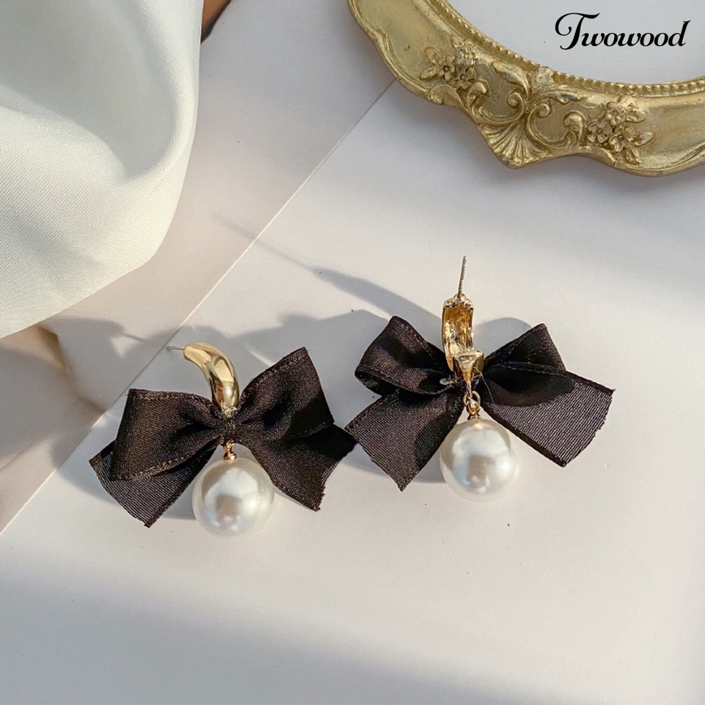 Twowood 1pasang Menjuntai Anting Retro Perancis Gaya Hitam Ikatan Simpul Elegan Hadiah High Gloss Mutiara Imitasi Wanita Drop Earrings Perhiasan Aksesoris