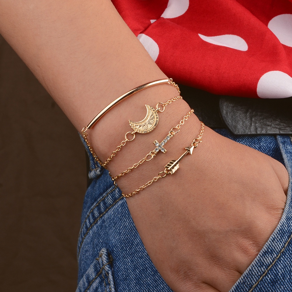 Gaya Dan Kepribadian Sederhana Berlian Bertatahkan Silang Totem Sabit Gelang Gaya Eropa Dan Amerika Baru Pipa Bulat Panah Empat Potong Set Gelang