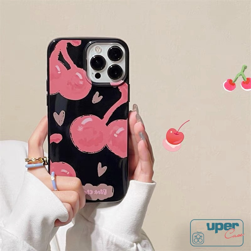 Casing Ponsel Kartun Pink Cherry Kompatibel Untuk IPhone 7plus 14 11 13 12 Pro Max7 8 Plus XR X XS Max SE 2020 Keren Hitam Cinta Hati Smiley Shockproof Glossy Halus Soft Cover