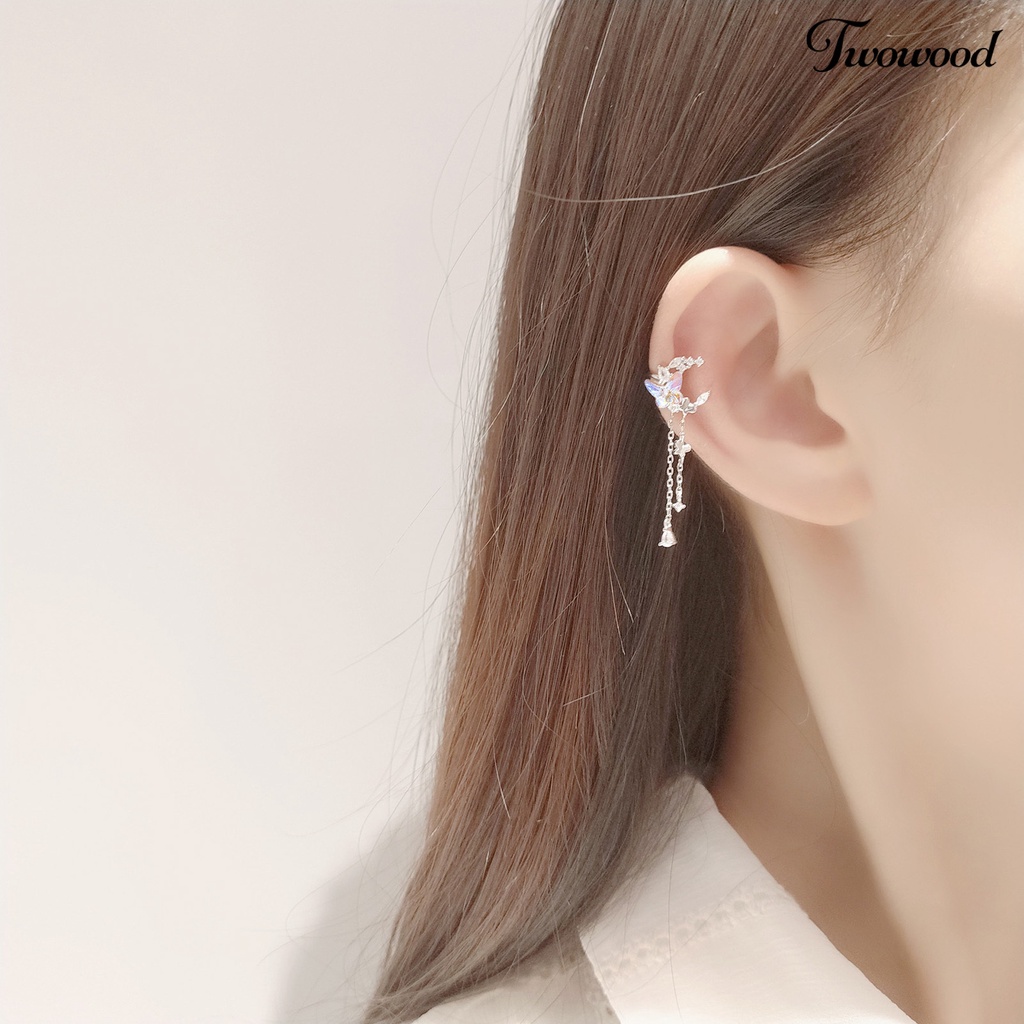 Twowood 1pasang Anting Gaya Korea Geometris Rantai Panjang Ungu Kristal Imitasi Bulan Bintang Kupu-Kupu Bertatahkan Berlian Imitasi Panjang Rumbai Anting Aksesoris Fashion