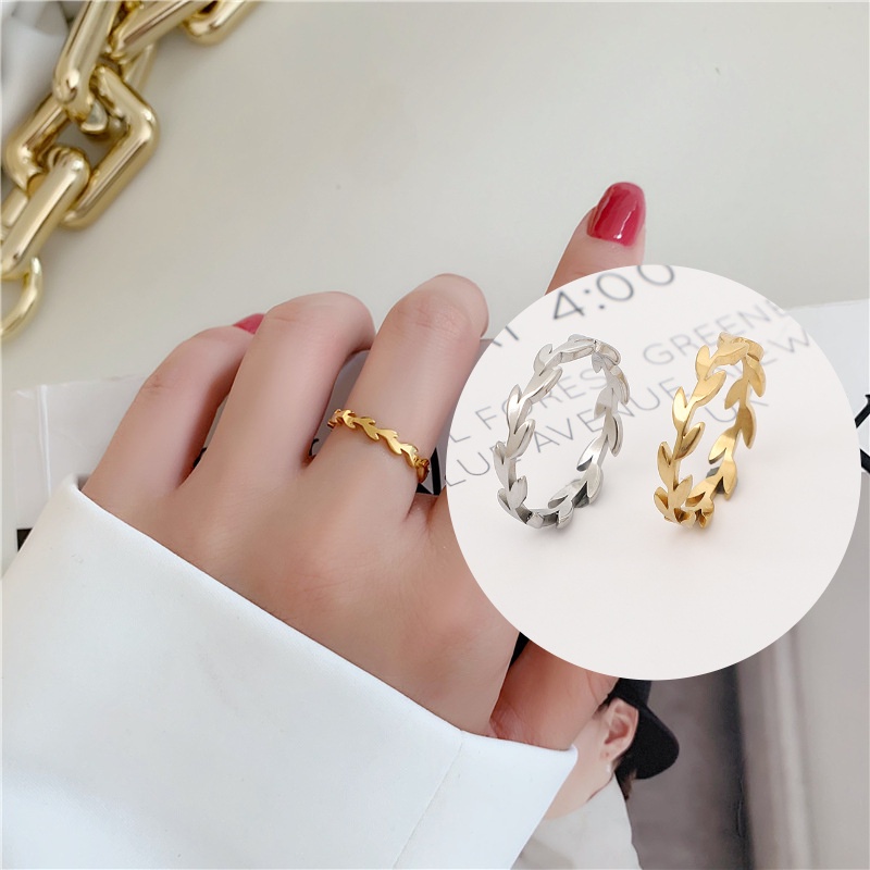 Daun Cincin Baja Titanium Emas 18k Jari Telunjuk Ekor Kepribadian Segar Kecil Perempuan Ring