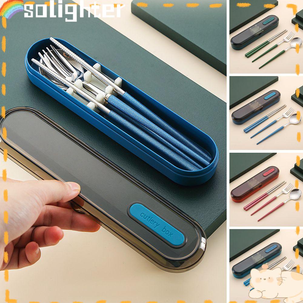 Solighter 3PCS/Set Sendok Garpu Sumpit Set Travel Alat Makan Camping Dengan Box Holder Cutlery Set