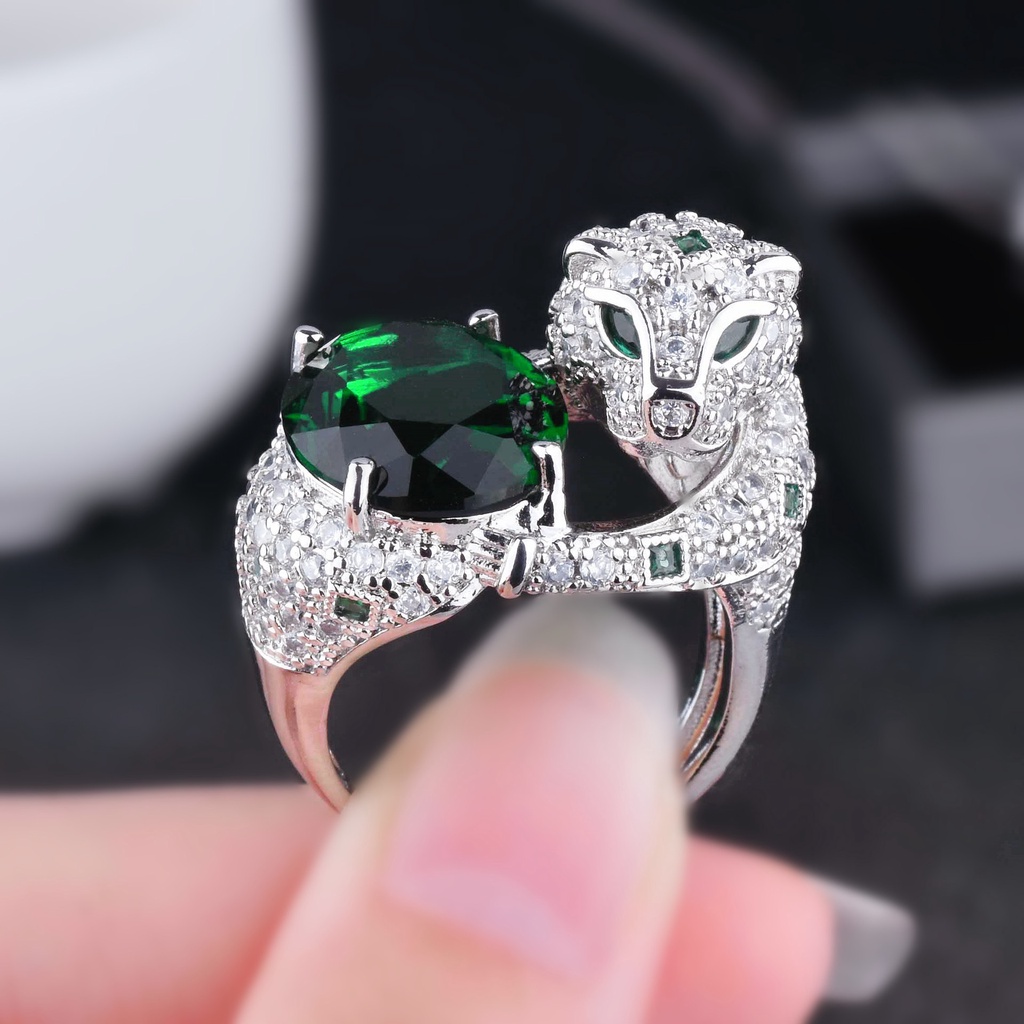 Goldkingdom Aksesoris Perhiasan Fashion Ready Stock Gauding Jewelry Royal Sapphire Emerald Full Bor Leopard Kepala Cincin Perempuan Yang Dapat Disesuaikan