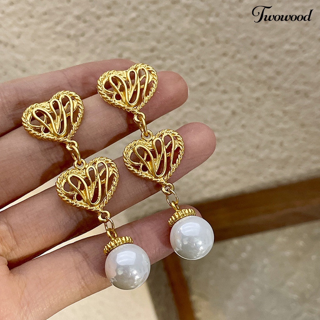 Twowood 1pasang Drop Earrings Electroplating Berlebihan Geometris Liontin Menawan Berdandan Hypoallergenic Hati Emas Anting Mutiara Imitasi Perhiasan Fashion