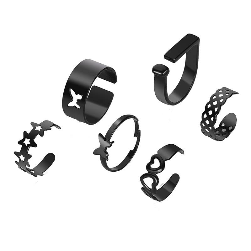 6pcs/set Punk Jari Cincin Minimalis Halus Hitam Geometris Logam Cincin Untuk Wanita Perempuan Pesta Fashion Perhiasan