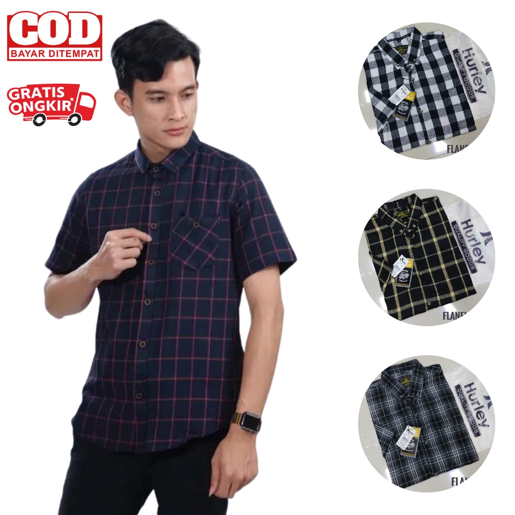 Kemeja Flanel Kotak Catur Abu Pria Lengan Pendek Kemeja Flannel Cowok Lengan pendek