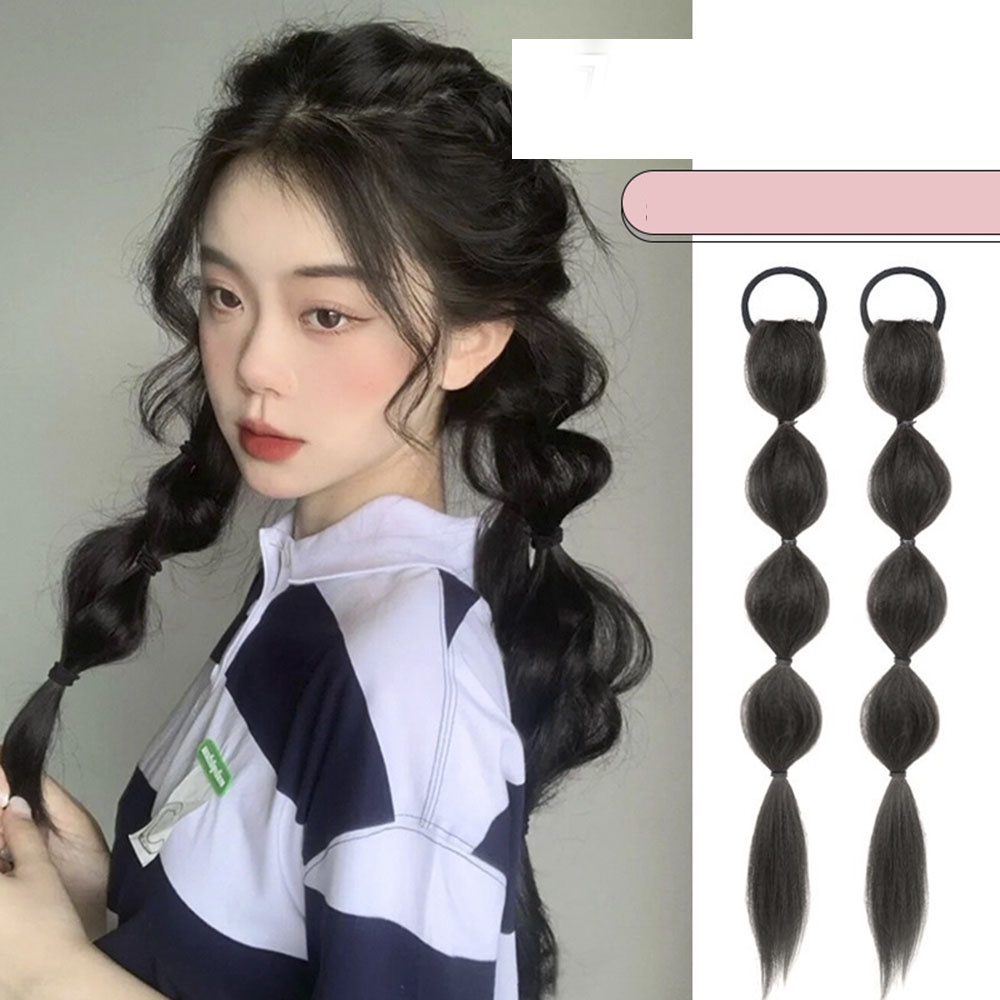 2 Pcs Bubble Braid Wig Natural Double Ponytail Rambut Ekstensi Manis Keren Aksesoris Rambut Gadis