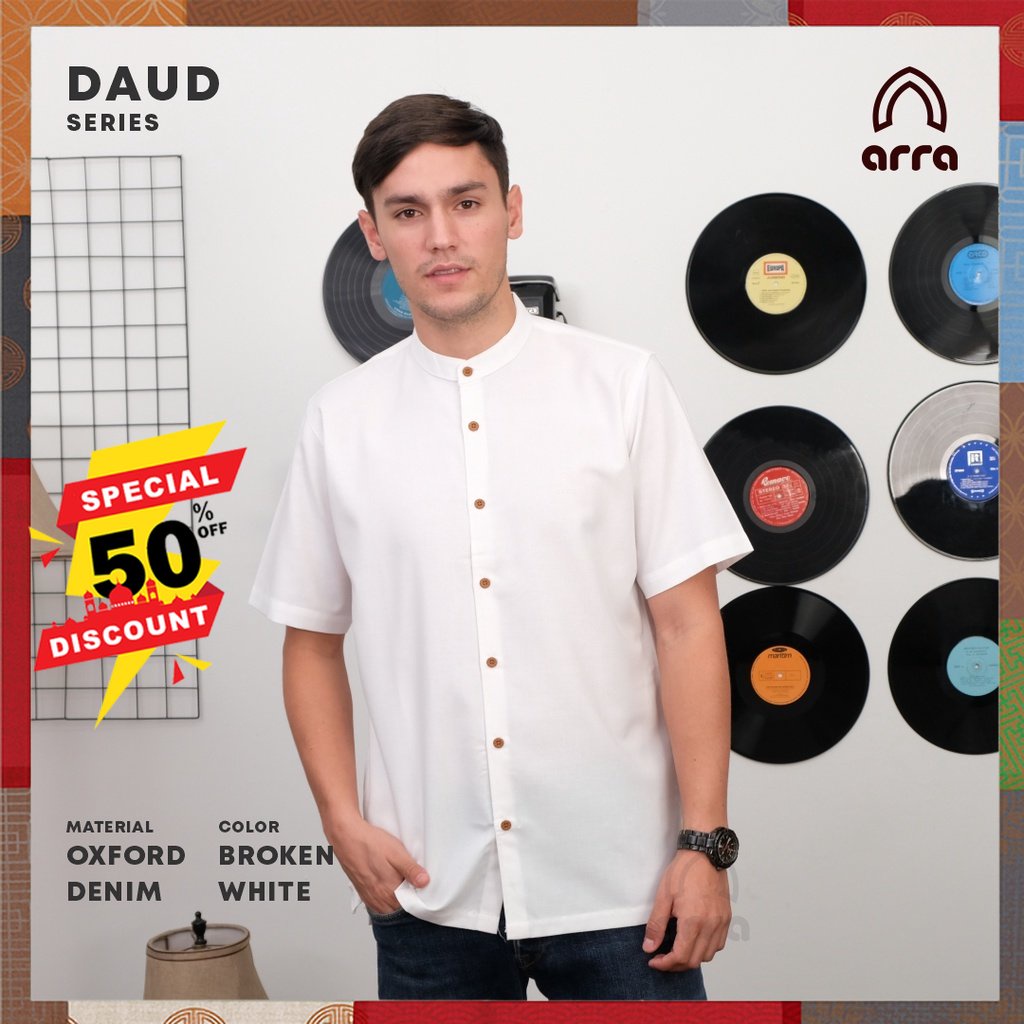Baju Kemeja Koko Pria Polos Lengan Pendek Kerah Sanghai Ciangi Dewasa Warna Putih Broken White Bahan