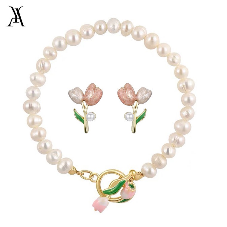 AY(CN) Kalung Choker Manik-Manik Mutiara Bentuk Tulip Warna Pink Untuk Wanita