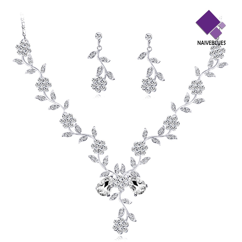 Naiveblue &gt; Wanita Berlian Imitasi Daun Bunga Stud Earrings Pernikahan Bridal Set