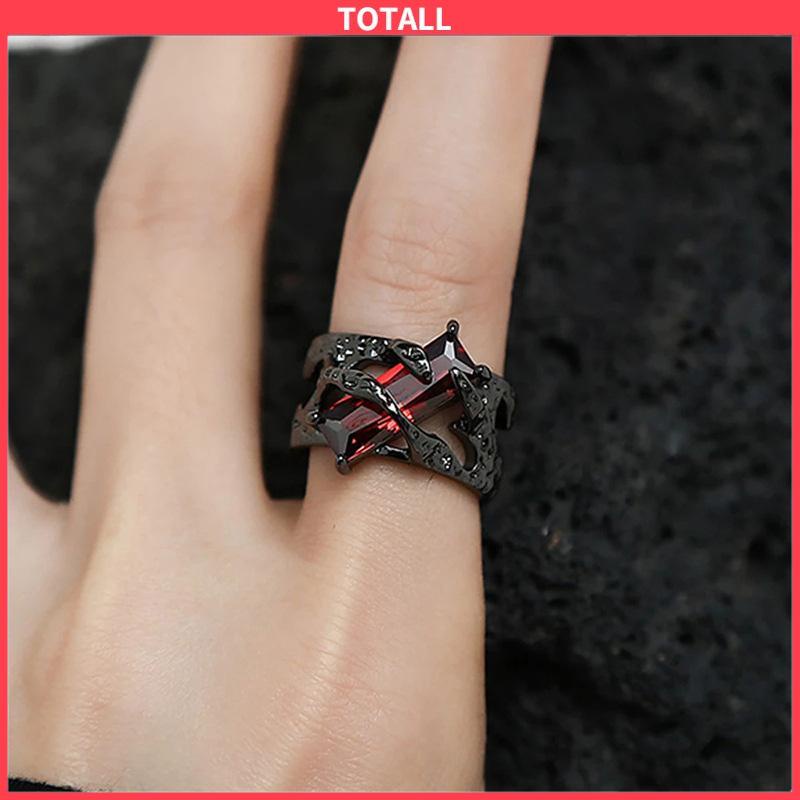 COD Cincin Retro Desain Geometris Merah Kepribadian Wanita Cincin Logam Tekstur Berongga Punk-Totall