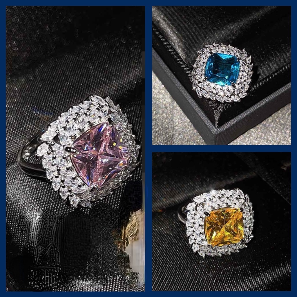 Goldkingdom Aksesoris Perhiasan Fashion Ready Stock Set Asche Berlian Kuning Topa Biru Argyle Pink Cincin Perempuan