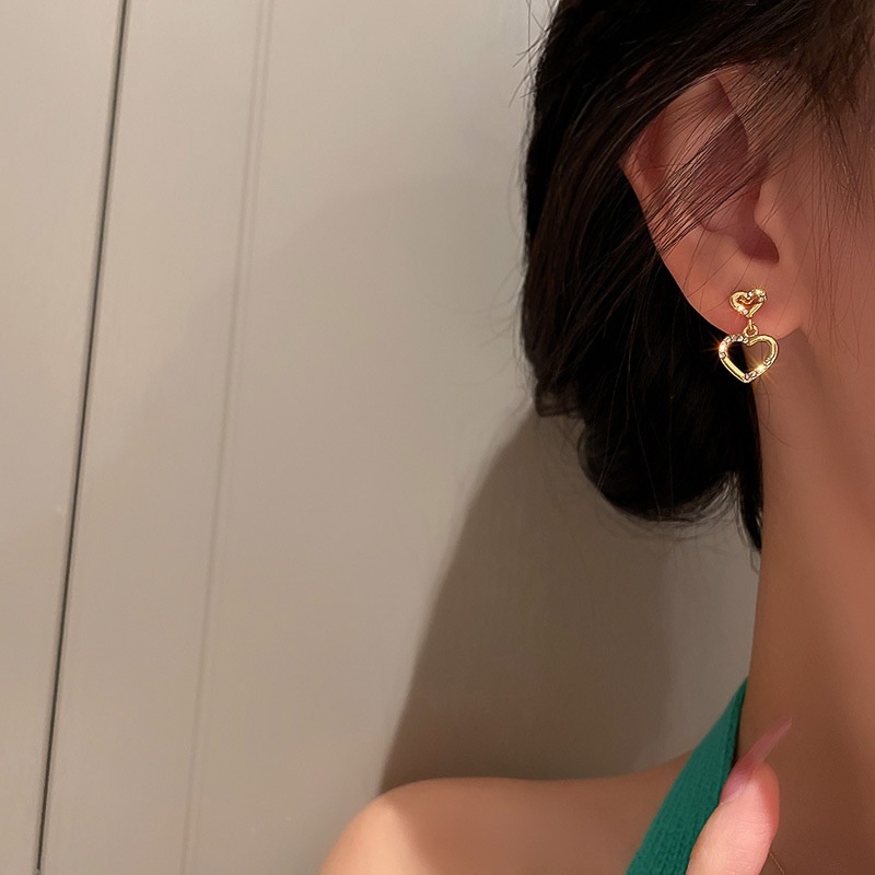Anting Tusuk Emas Untuk Wanita Elegan Hati Zirkon Earing Aksesoris Perhiasan