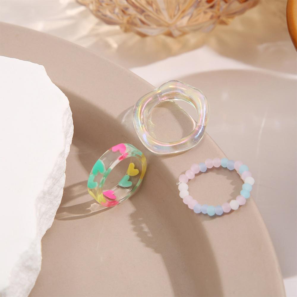 Timekey 3pcs/Set Cinta Manik-Manik Resin Cincin Set Kreatif Sederhana Resin Cincin Fashion Perhiasan Aksesori Untuk Wanita J3M2