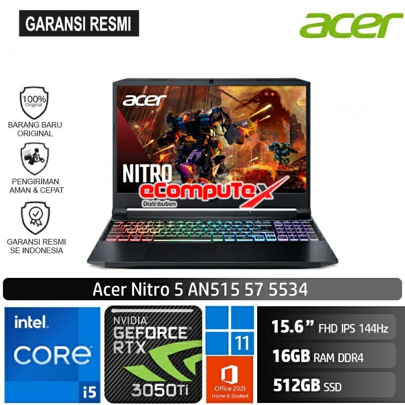 LAPTOP GAMING ACER NITRO 5 AN515-57-5534 / CORE i5-11400H / NVIDIA GEFORCE RTX3050Ti 4GB DDR6 RAM 16GB 512GB SSD 15.6&quot;FHD W11+OHS GARANSI RESMI