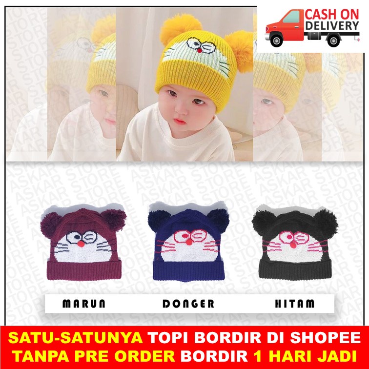 Kupluk Bayi Pompom Karakter Doraemon Topi Bordir Nama 1 Hari Jadi