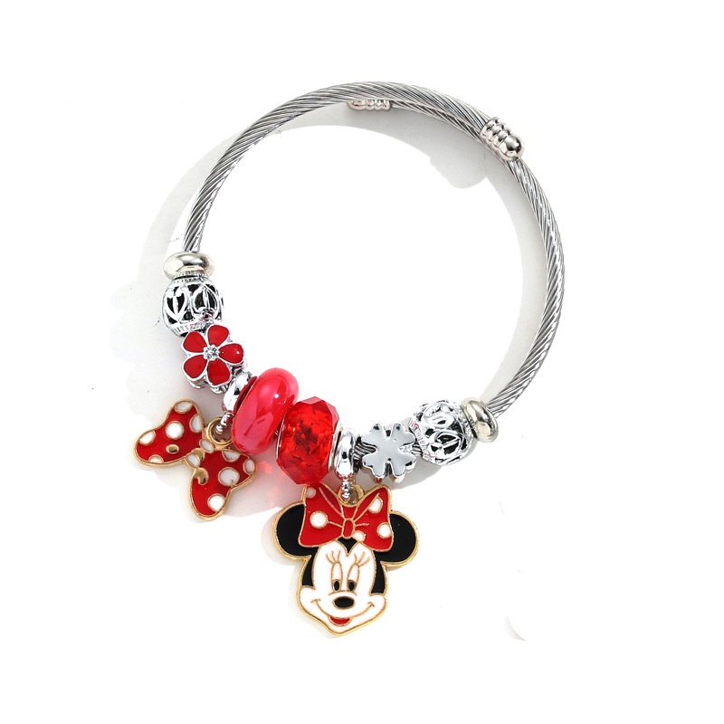 XiaoboACC Kartun Mickey Minnie Liontin Stainless Steel Adjustable Non Tarnish Open Beads DIY Gelang