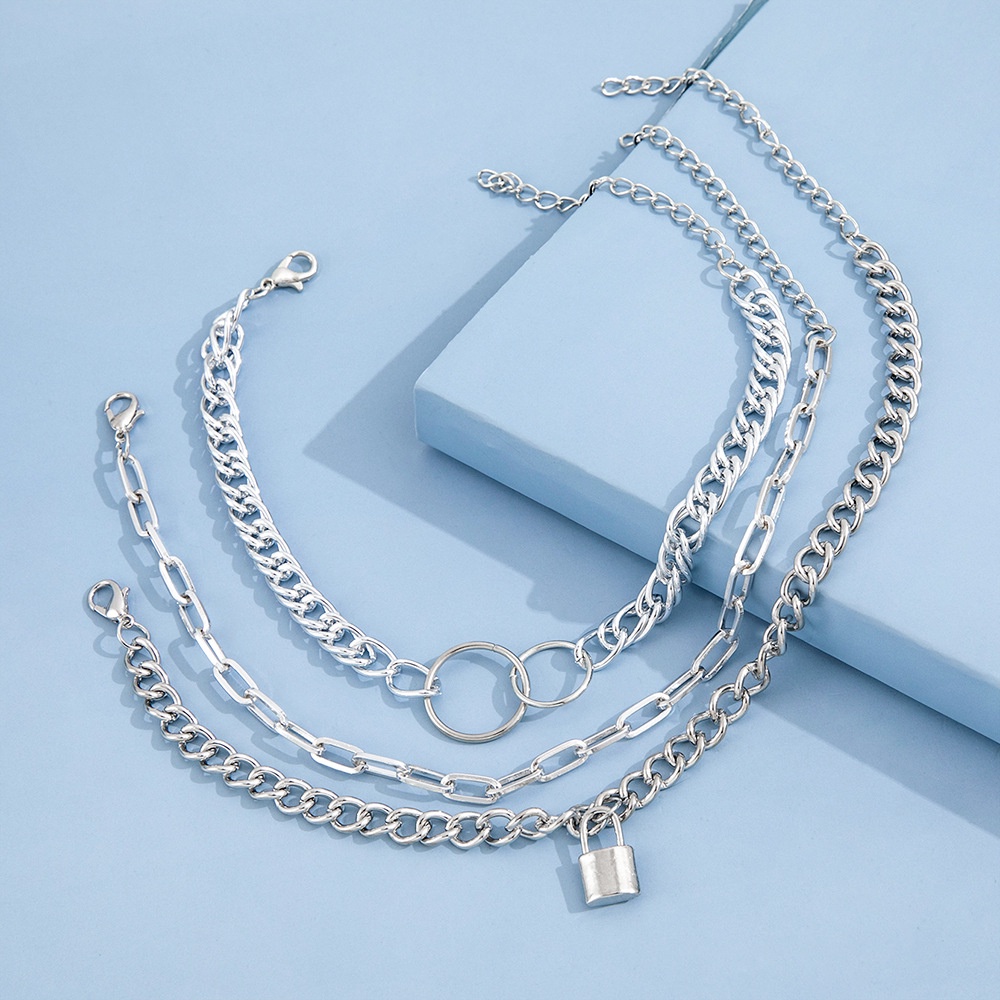 Fashion Punk Tren Kepribadian Lock Pendant Double Loop Rantai Gelang Kaki Kombinasi Tiga Potong Set