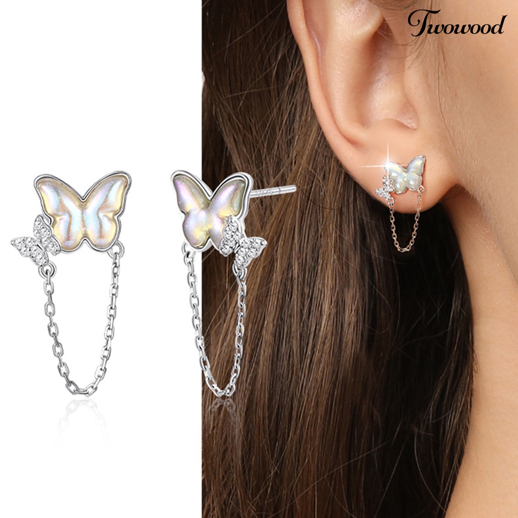 Twowood 1pasang Ear Studs Mini Faux Moonstone Elegan Berlian Imitasi Tertanam Kupu-Kupu Rantai Wanita Anting Fashion Perhiasan