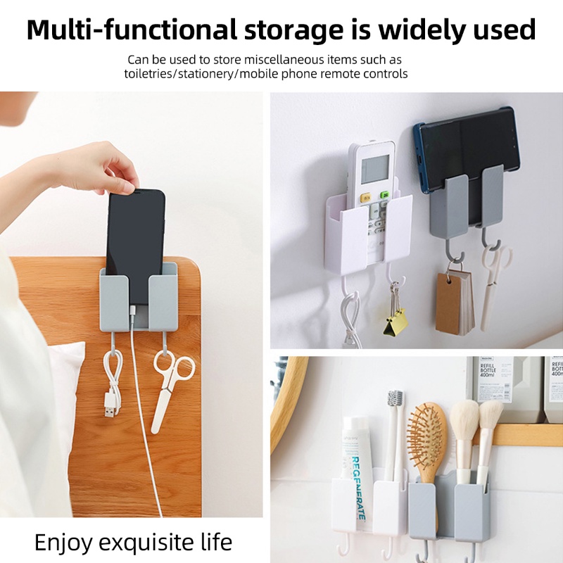 [Unggulan] Phone Plug Charging Stand Multifungsi Organizer Rak Penyimpanan Samping Tempat Tidur Dinding Phone Holder Punch Free Kotak Penyimpanan Bracket TV Remote Control Tempat Penyimpanan