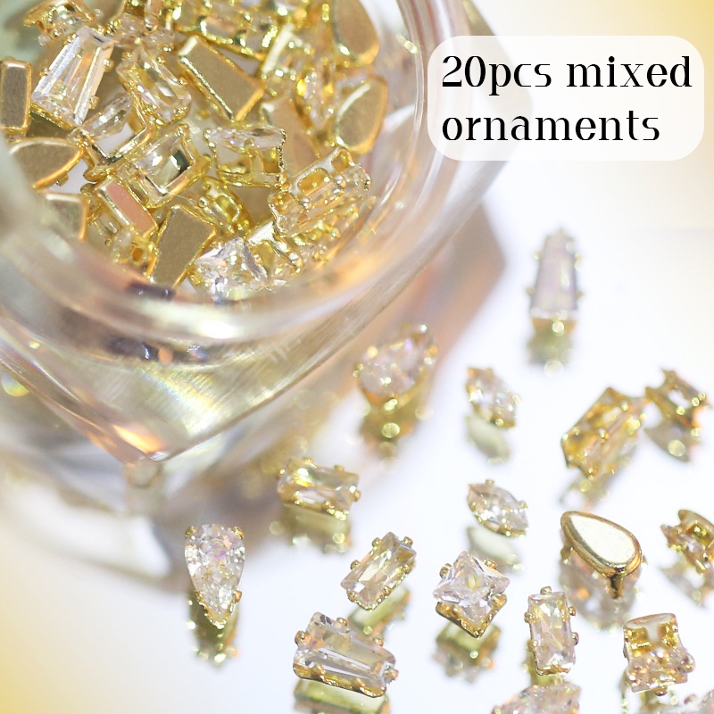 20pcs Bentuk Campur Berlian Imitasi Ornamen Aksesoris Nail Art Glitter Emas Perak Zirkon Cakar Berlian Water Drop Square Segitiga Dekorasi DIY Manicure Dekorasi
