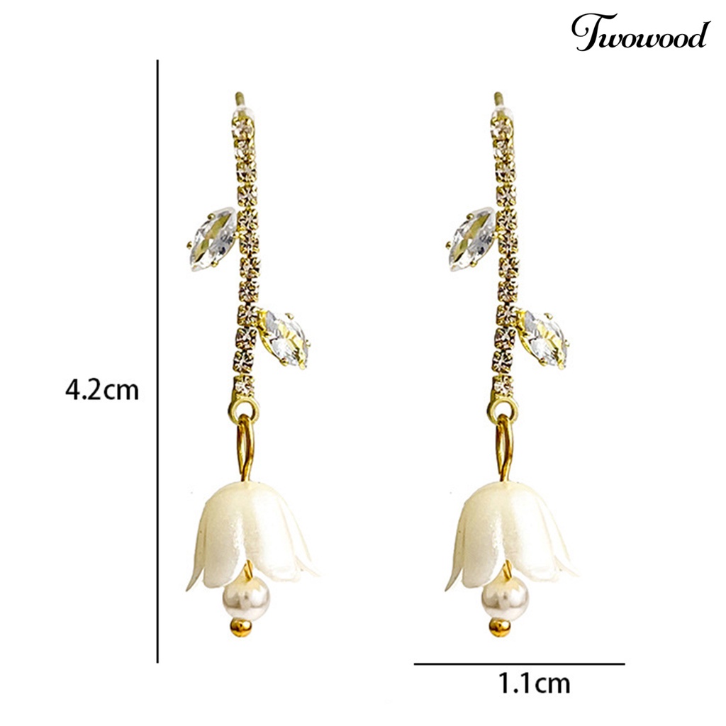 Twowood 1pasang Anting Menjuntai Elegan Temperamen Hadiah Fashion Perhiasan Berlian Imitasi Tertanam Bunga Drop Earrings Untuk Pacaran