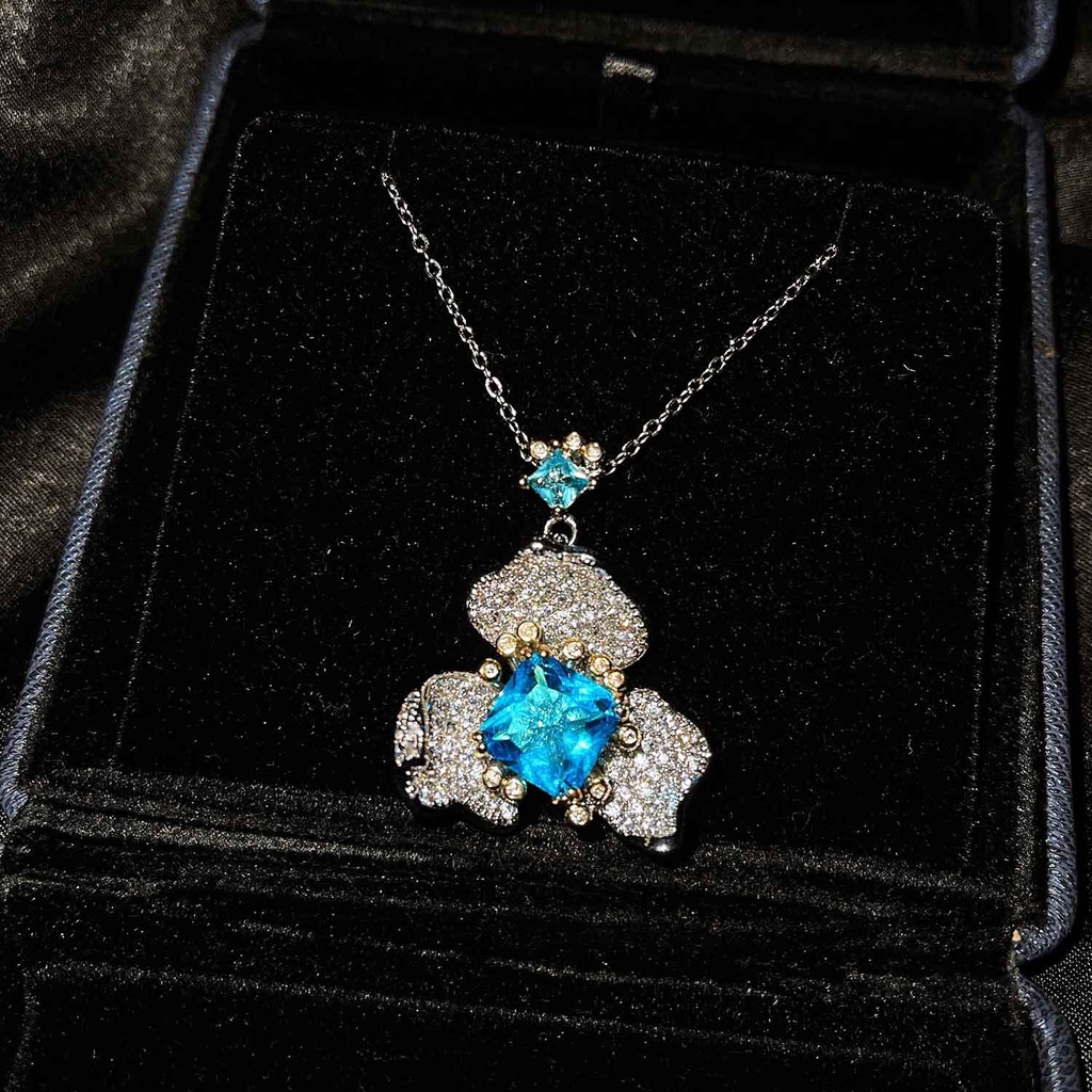 Goldkingdom Fashion Perhiasan Aksesoris Ready Stock Gaoding Jewelry Anting Bunga Temperamen Suasana Mode Swiss Blue Topaz Cincin Rasa Tinggi Kalung Set Perempuan