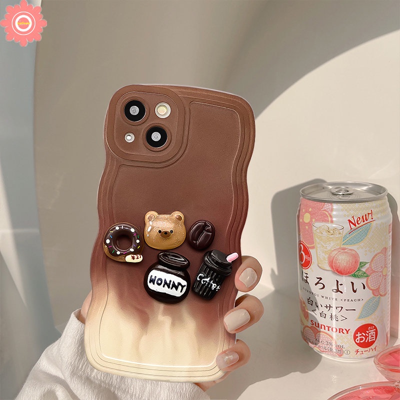 IPHONE Mainan Kartun 3D Lucu Beruang Kopi Donat Case Kompatibel Untuk Iphone11 7 8 Plus XR 13 12 14 Pro Max 6s 6x XS Max14 Plus SE 2020 Gradiasi Coklat Tepi Bergelombang Lembut TPU Cover