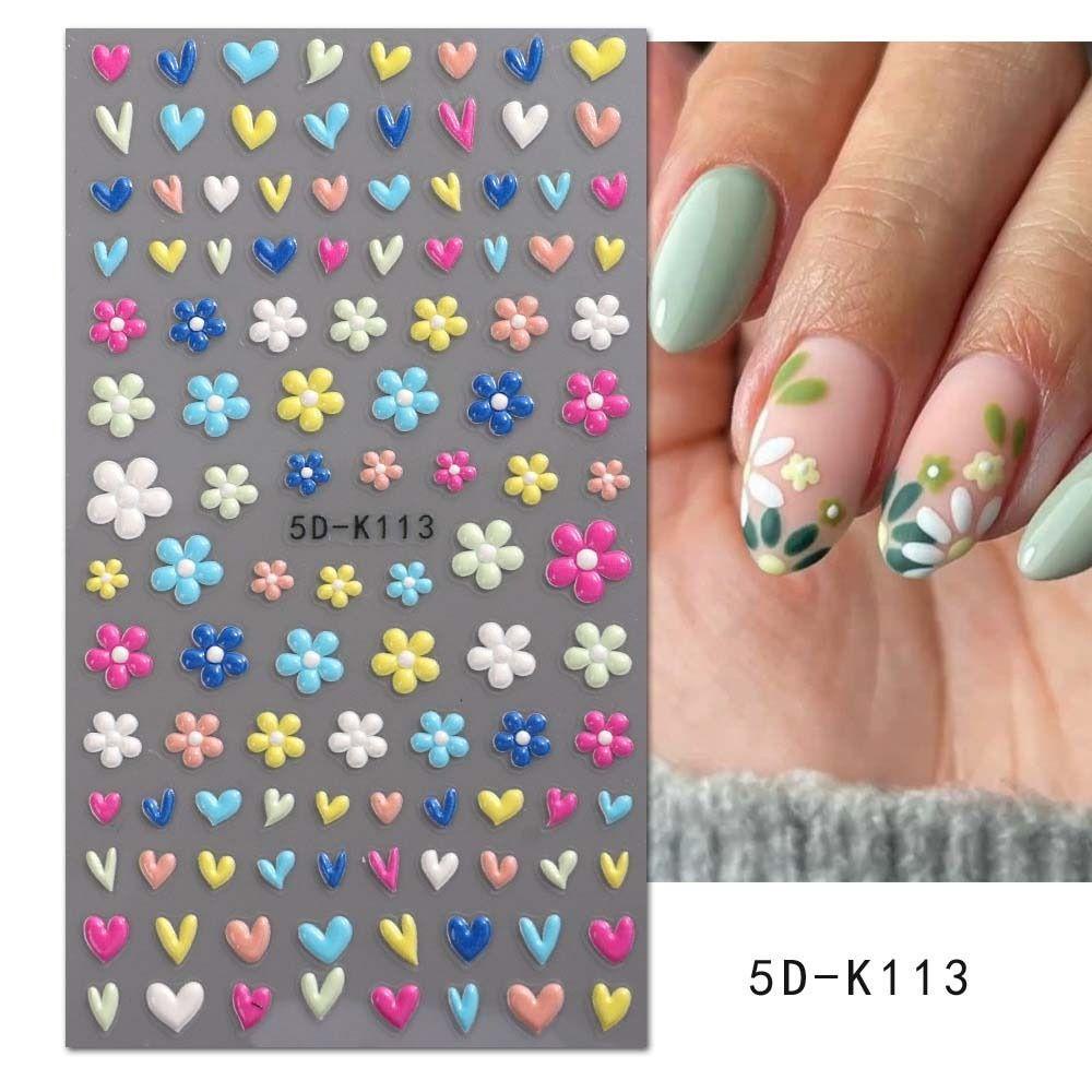 Needway   Bunga Stiker Kuku 5D Relief Fashion Cinta Hati Daisy Self Adhesive Nail Dekorasi