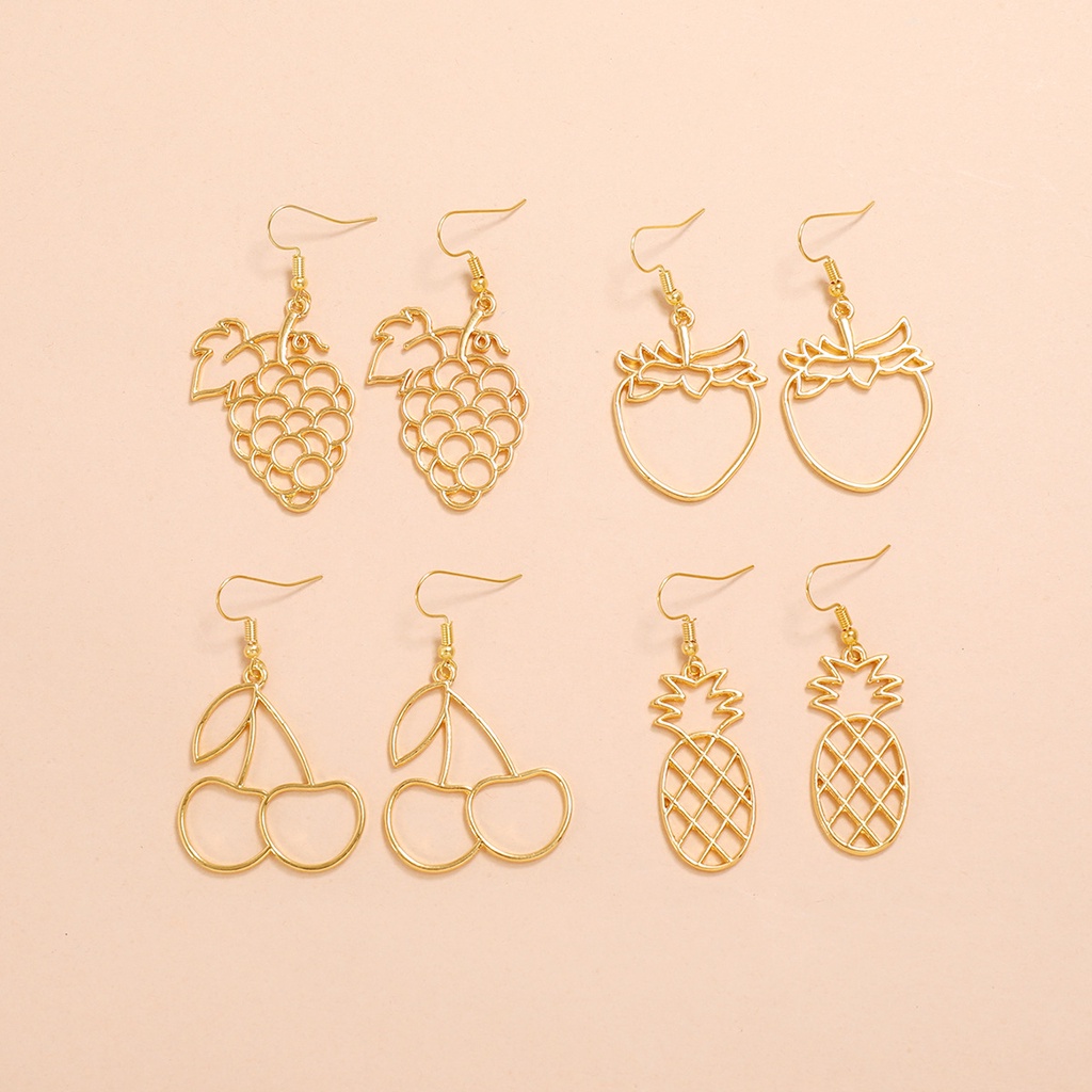 Mode Individualitas Kreativitas Menyenangkan Anting-Anting Melubangi-out Seri Buah Anggur Strawberry Cherry Nanas Anting-Anting 4-piece Set