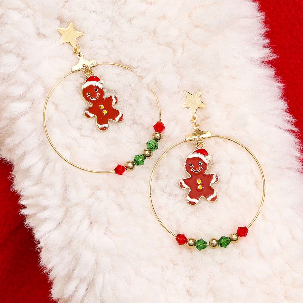 Fashion Lucu Snowman Besar Emas Cincin Anting Merah Dan Hijau Manik-Manik Kecil Bintang Anting Gingerbread Man Pendant Earrings