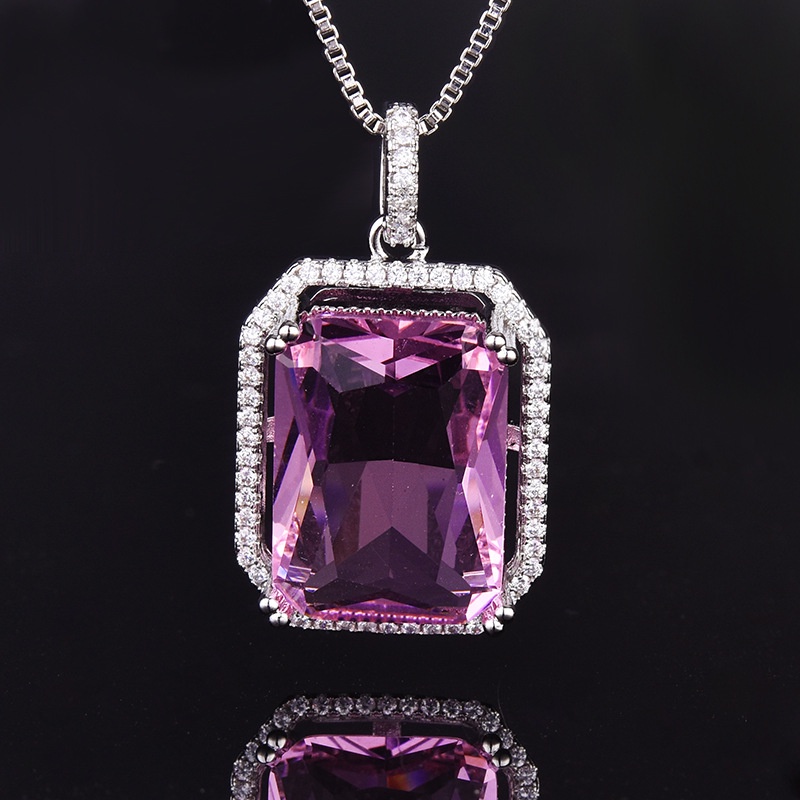 Goldkingdom Fashion Perhiasan Aksesoris Ready Stock Baru High-end Fashion Super Populer Persegi Panjang Pink Zirkon Mewah Kalung Liontin Wanita Versi Korea Rantai Tulang Selangka