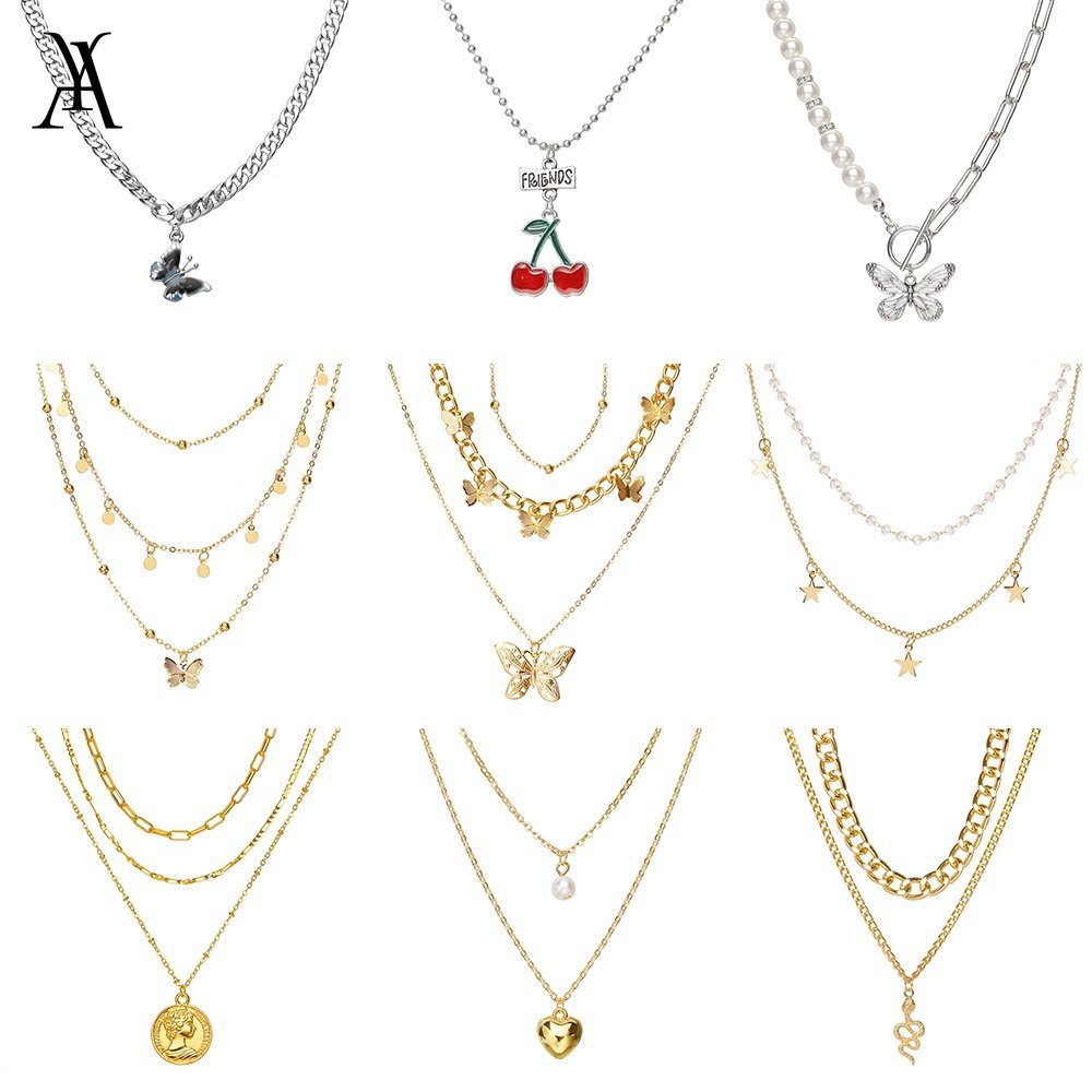 AY(CN) Korean Jewelry Pearl Diamond Butterfly Pendant Multilayer Necklace Fashion Gold Silver Choker Love Star Chain Necklaces Women Accessories