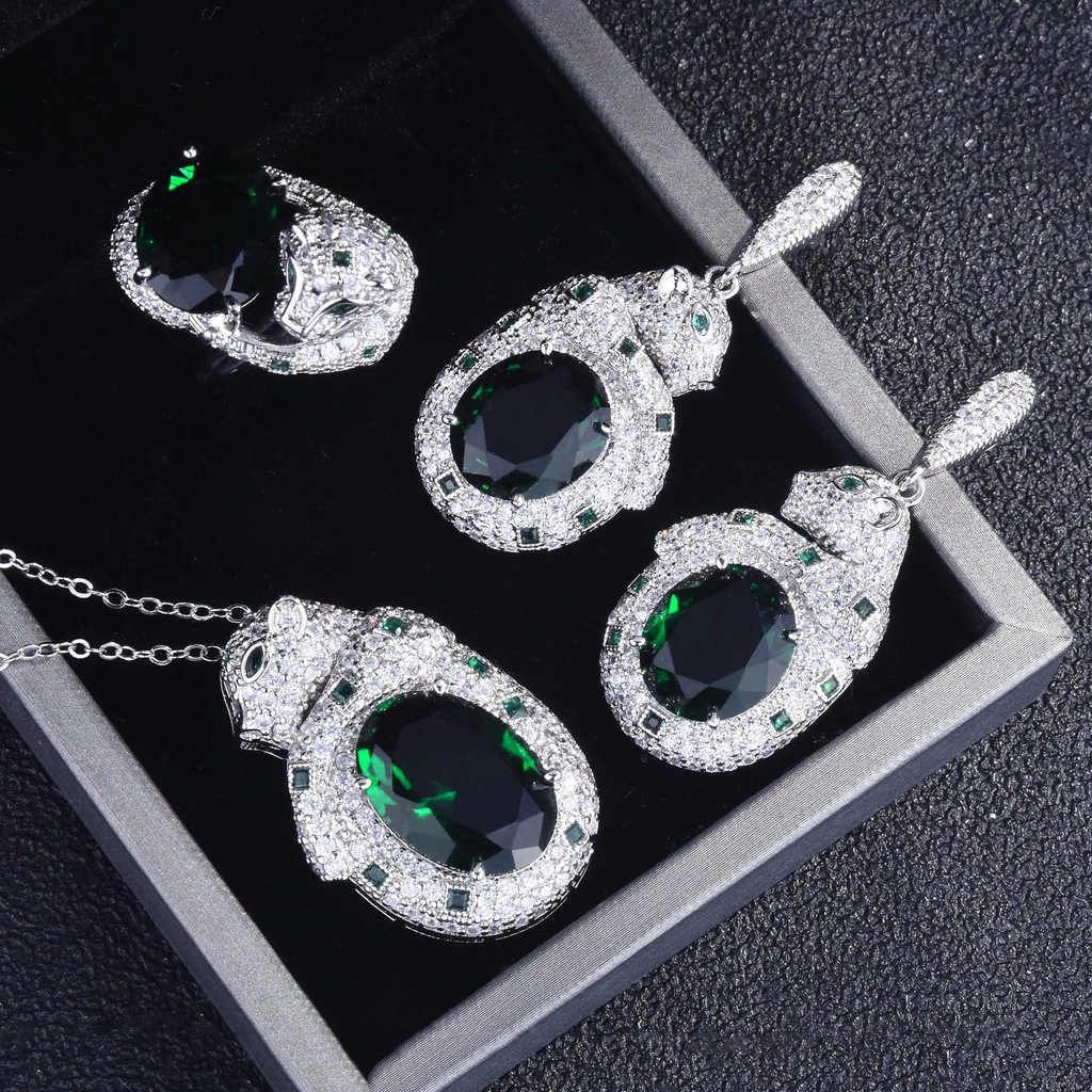 Goldkingdom Fashion Perhiasan Aksesoris Ready Stock Haute Couture Jewelry Royal Sapphire Emerald Leopard Set Mewah Full Berlian Leopard Kepala Kalung Terbuka Cincin