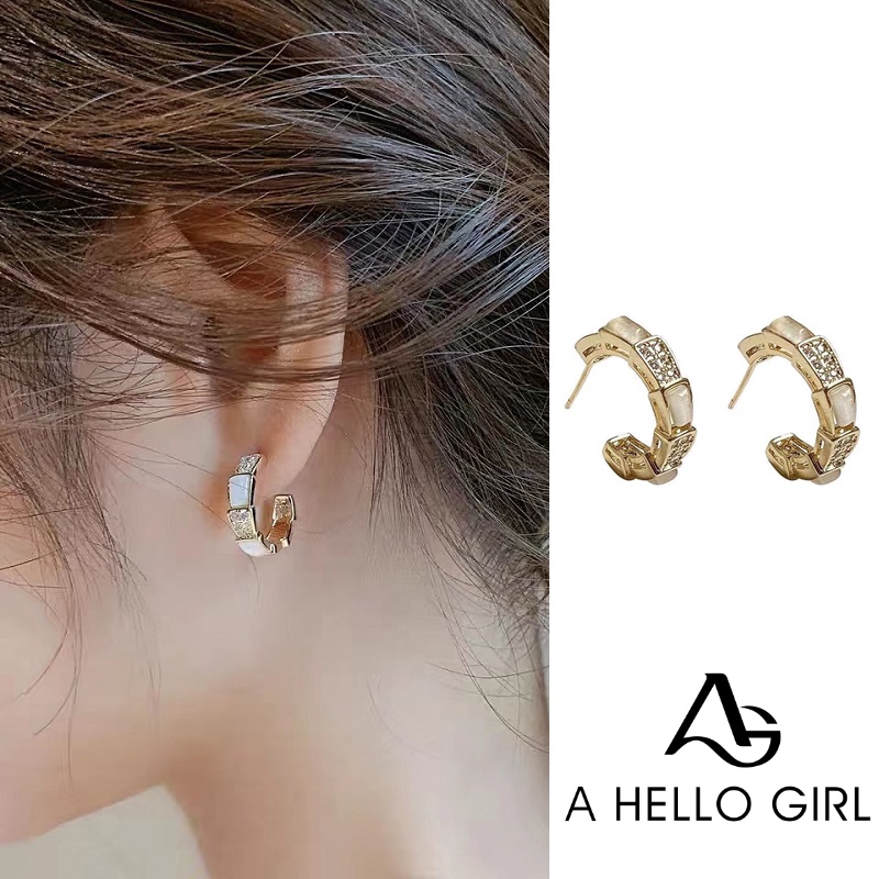 Anting Stud Bentuk C Aksen Batu Kristal Berlian Gaya Korea