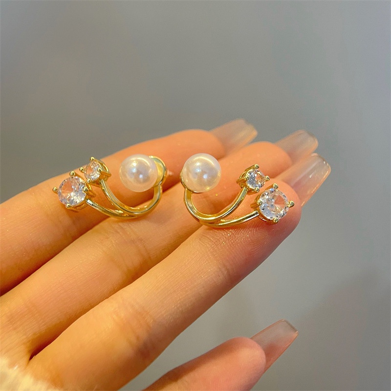 Anting Kristal Mutiara Imitasi Korea/Fashion Berlian Ganda Elegan Logam Stud Earrings Perhiasan Aksesoris