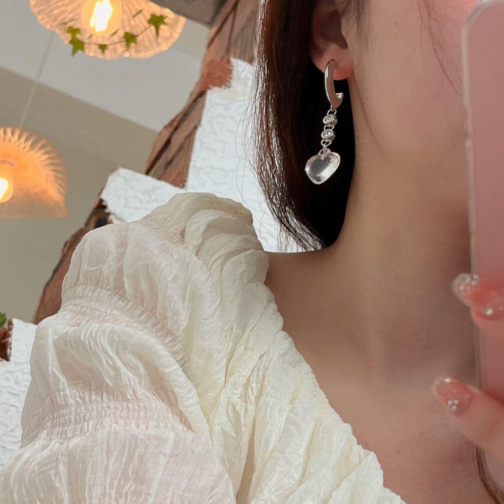 Needway  Wanita Anting Pesona Indah Halus Desain Niche Fashion Perhiasan Gadis Hadiah Berlian Imitasi Hati Tergantung Gaya Korea Menjuntai Anting-Anting