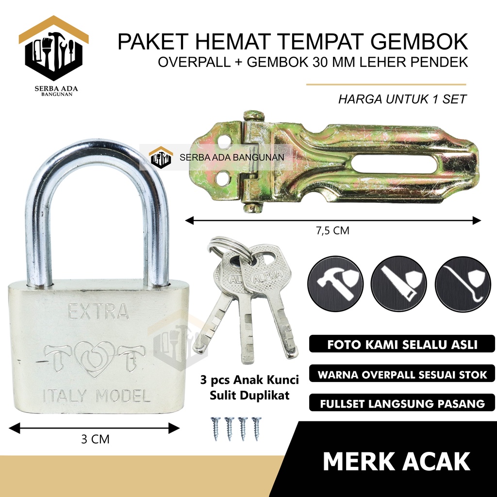 Paket gembok nekel 30mm + overpal cantolan gembok 2.5inch Paket Kunci Loker Siap Pakai