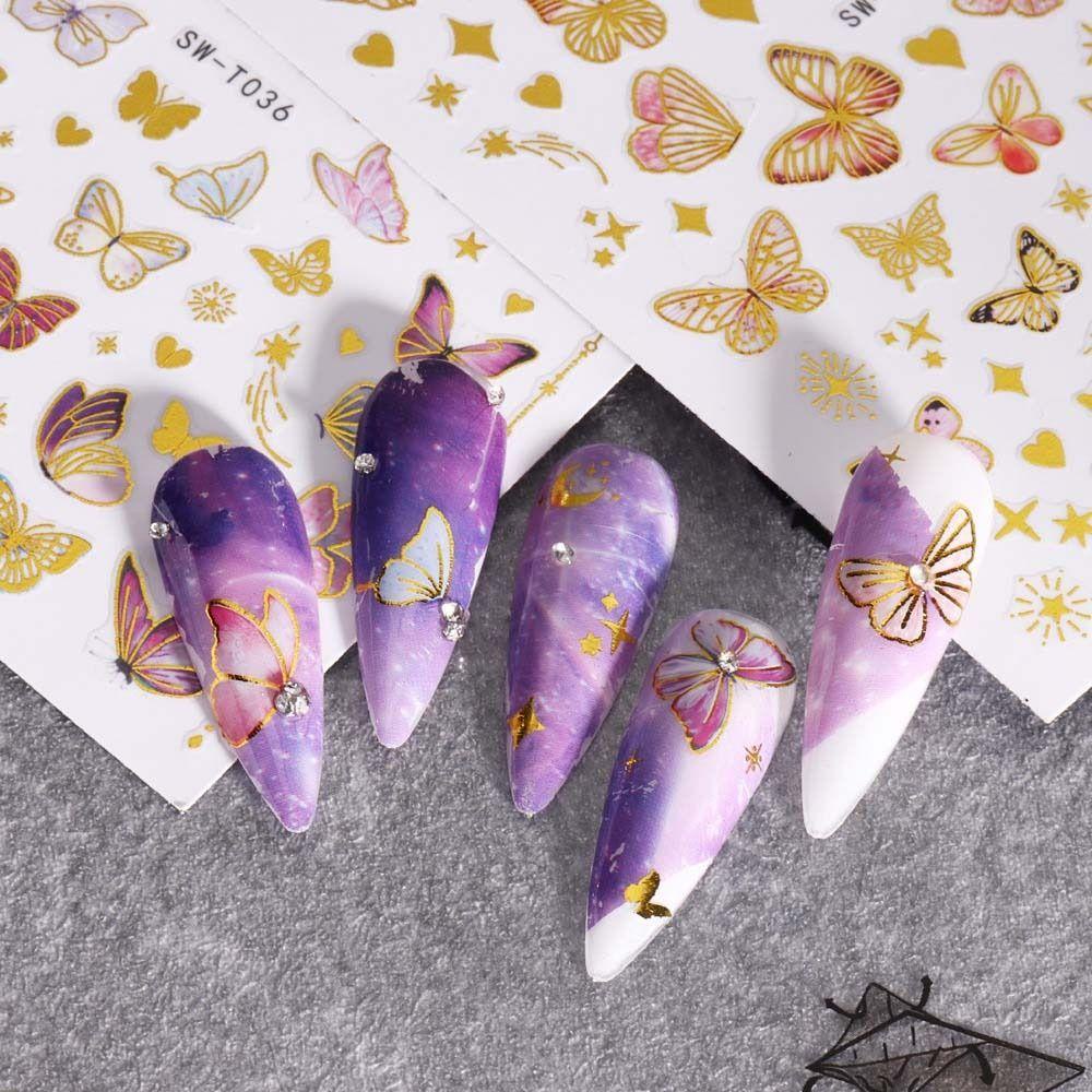 Needway Stiker Kuku Kupu-Kupu Wanita Bintang Bronzing Butterfly Self Adhesive Dekorasi Kuku