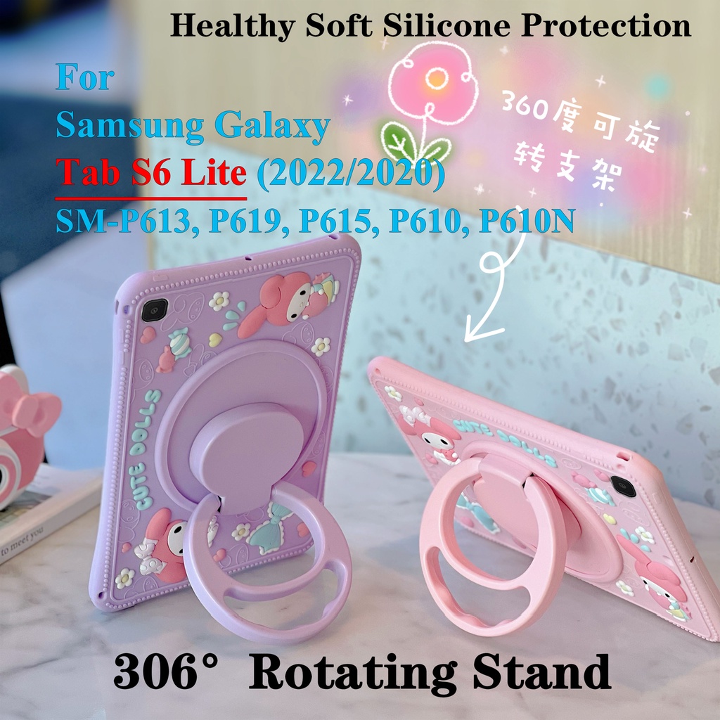 Untuk Samsung Galaxy Tab S6 Lite 2022 2020 10.4 &quot;SM-P613 SM-P619 SM-P615 SM-P610 P610N Tablet Case Fashion Silikon Lembut360° Rotating Ring Stand Casing Melody Penutup Kartun Lucu