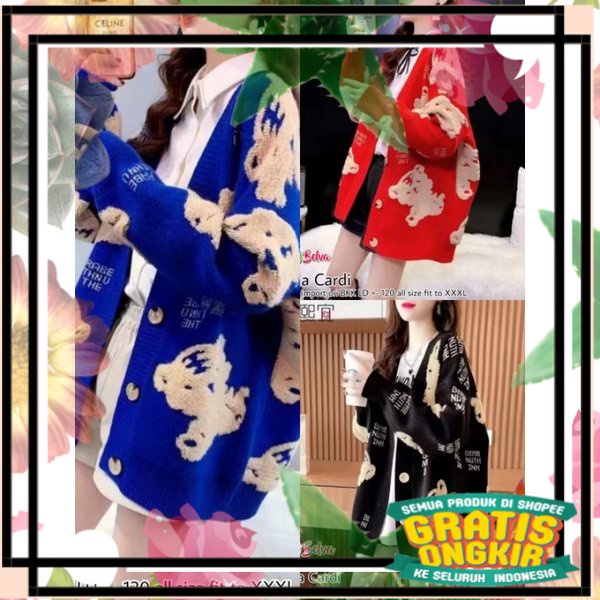 NEW CARDI RAJUT IMPORT FREE SIZE JUMBO MOTIF TEDDY BEAR PRODUK NESHA CARDI / toska lumut