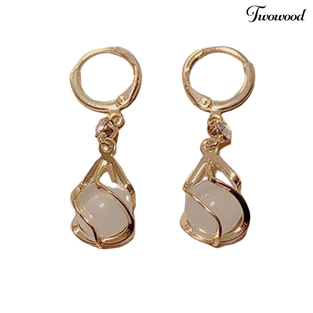 Twowood 1pasang Drop Anting Berongga Keluar Panjang Rumbai Shiny Berlian Imitasi Bertatahkan Berkilau Hias Hadiah Wanita Bulat Faux Opal Pendant Hoop Earrings Fashion Perhiasan