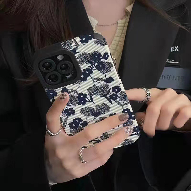 Nice！Navy Blue Art Flower Soft Case HP OPPO A91 F11 F9 Pro A3S A9 A5 A31 A53 A33 2020 A7 A5S A12 A11K A52 A92 A83 A55 A56 A55S A95 FTD Stripe Casing Realme C1 X XT Reno 2F 3 5 6 5G