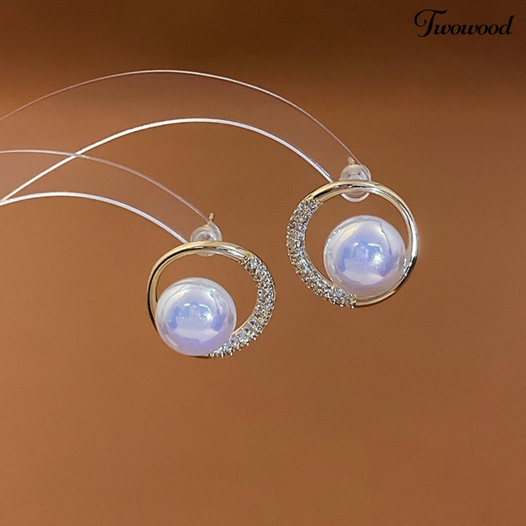 Twowood 1pasang Anting Hoop Glitter Bulat Telinga Dekorasi Elegan Temperamen Mutiara Imitasi Berlian Imitasi Ear Studs Untuk Perjamuan